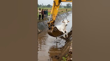 The villagers rescued the cows from the canal with excavators.#cow #rescue