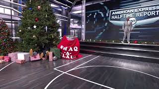 Kenny Smith shoves Shaq into a Christmas tree