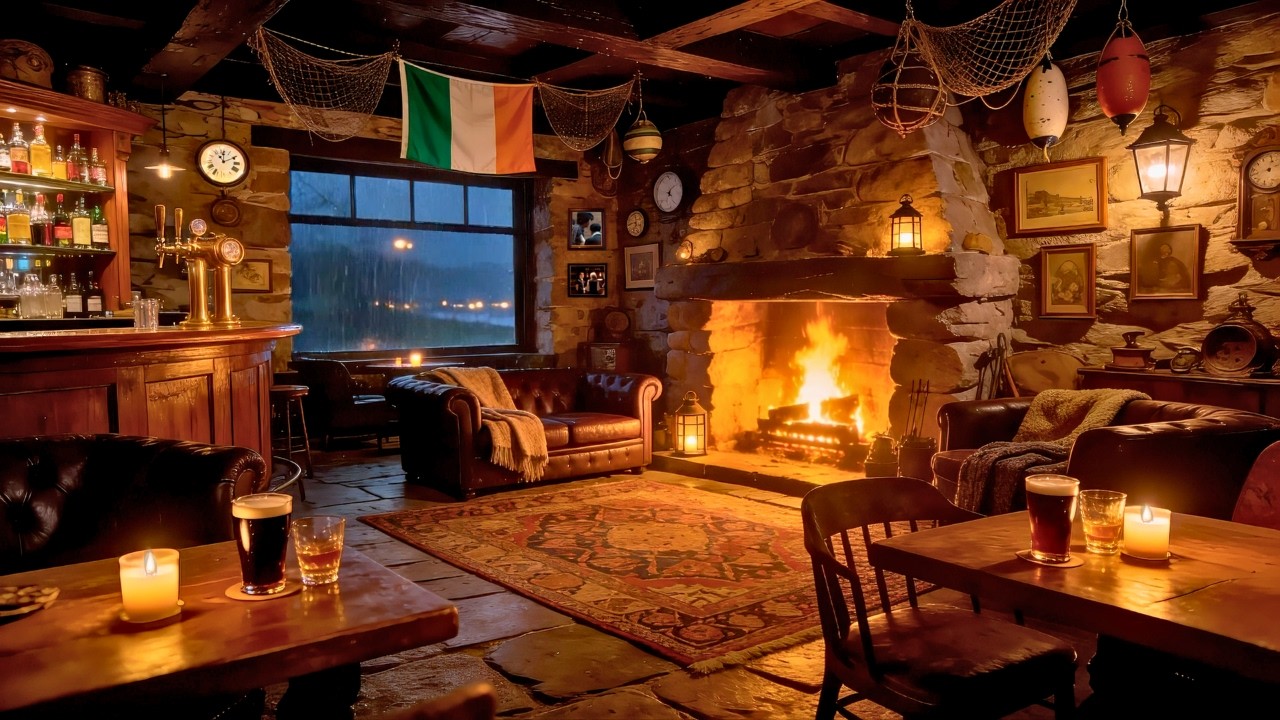 Cozy Irish Pub Atmosphere 🇮🇪 Fireplace Sounds & Instrumental Celtic Music | Stress Relief