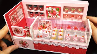 DIY Miniature Realistic shop -  Strawberry Dessert shop ! Strawberry jam , cake , roll ~