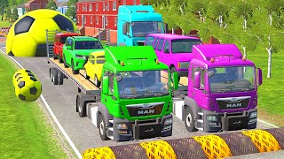 Double Flatbed Trailer Truck vs Speedbumps Train vs Cars | Tractor vs Train Beamng.Drive #32