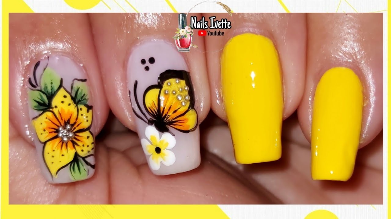 Decoración de uñas en color amarillo/decoración de uñas flores y mariposa  amarillo - thptnganamst.edu.vn