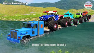 Double Flatbed Trailer Truck Rescue Monster Trucks vs Deep Water - BeamNG.drive 019