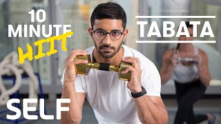 Intense 10 Minute Tabata HIIT Dumbbell Full Body Workout - With Warm-Up & Cool-Down | SELF