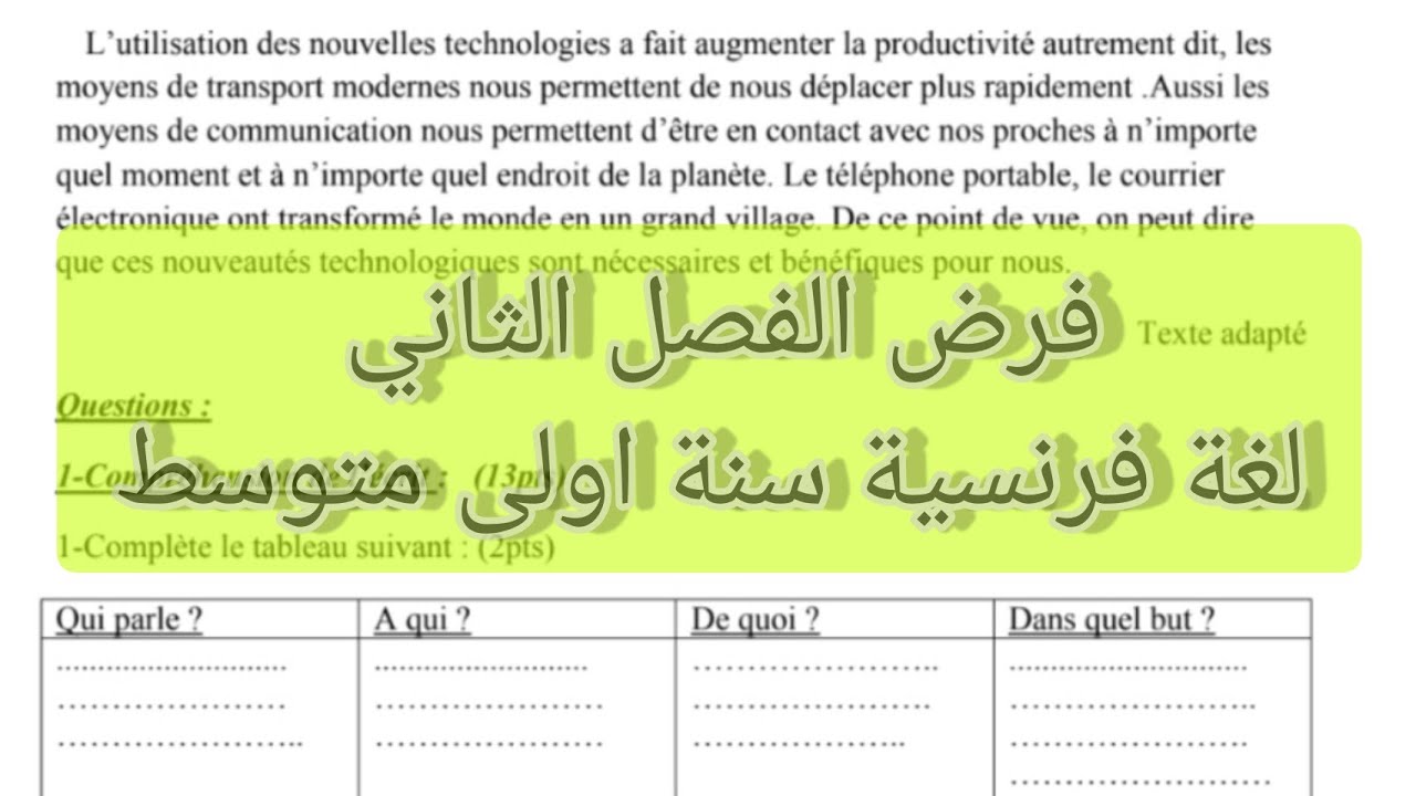 فرض الفصل الثاني لغة فرنسية سنة اولى متوسط