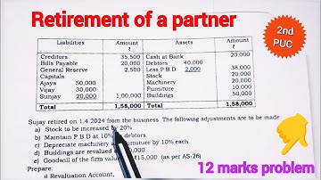 Retirement of a partner 12 marks problem 2nd PUC accountancy