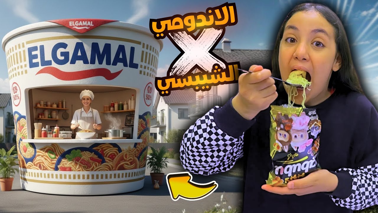 Маленькая девочка пробует модный тренд — лапшу быстрого приготовления Indomie и чипсы — посмотрит...