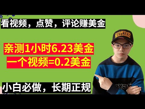 【网赚项目】亲测实战，1小时6.23美金，看视频点赞评论赚钱，最靠谱的国外赚美金平台，小白必做！（副业项目100招--30）