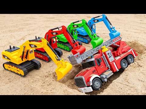 Excavators, Crawler Diggers and Fire Truck Stuck in Sand Pit Rescue Mission | Toys Cars Story