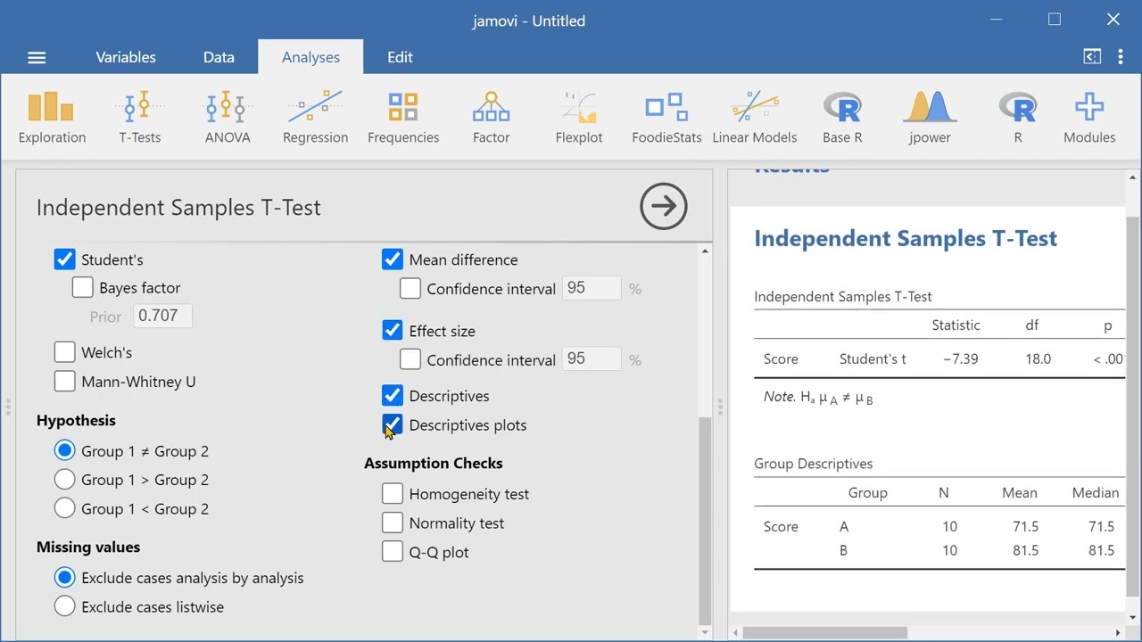 Independent Samples T-Test in Jamovi
