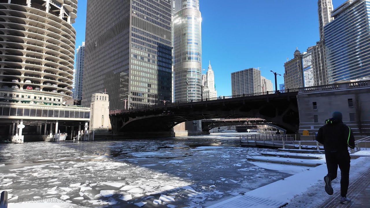 A cold day in the city of Chicago with street views and ice on the ...