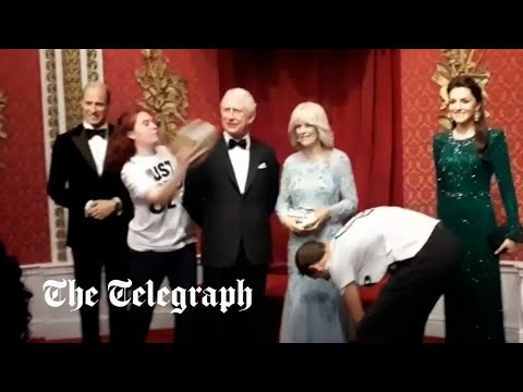 Just Stop Oil activists 'cake' King Charles waxwork at Madame Tussauds London