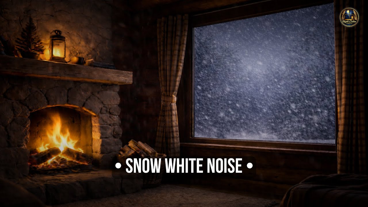 Night Cabin Ambience • Heavy Snow & Wind White Noise + Cozy Fireplace (10 Hours) Deep Sleep
