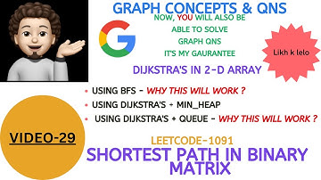 Shortest Path in Binary Matrix | Leetcode-1091 | Dijkstra in 2-D Matrix |Graph Concepts & Qns - 29