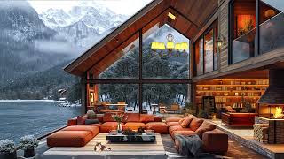 Cozy Winter Porch Ambience ~ Jazz Music with Snow Falling on Mountain & Fireplace for Focus, Work