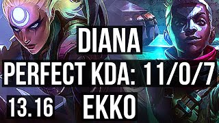 DIANA vs EKKO (MID) | 11/0/7, 3.2M mastery, 2200+ games, Legendary | EUW Master | 13.16