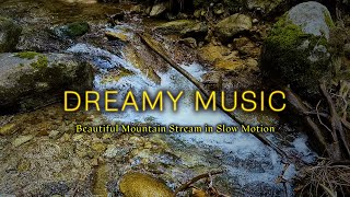 Thriving and restless mountain stream with relaxing music