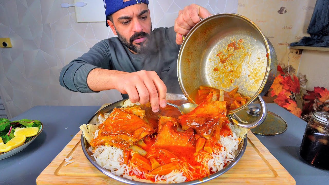 البامية العراقية على اصولها بأصلاع الغنم على طريقة التشريب بالخبز والرز Iraqi Okra Lamb Ribs Stew