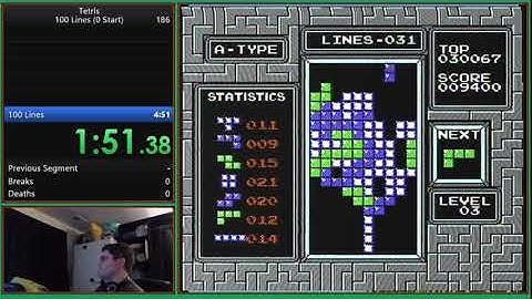 NES Tetris Speedrun (100 Lines, Level 0 start) 4:38