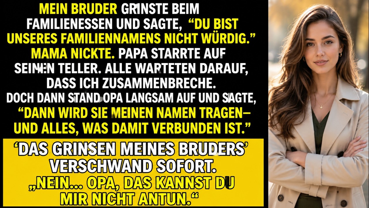 Der Moment, als mein Bruder Julian über den Familientisch grinste und sagte: „Du verdienst es nicht, unsere Nachnamen zu tragen“, während meine Mutter nickte und mein Vater wegschaute, war der...