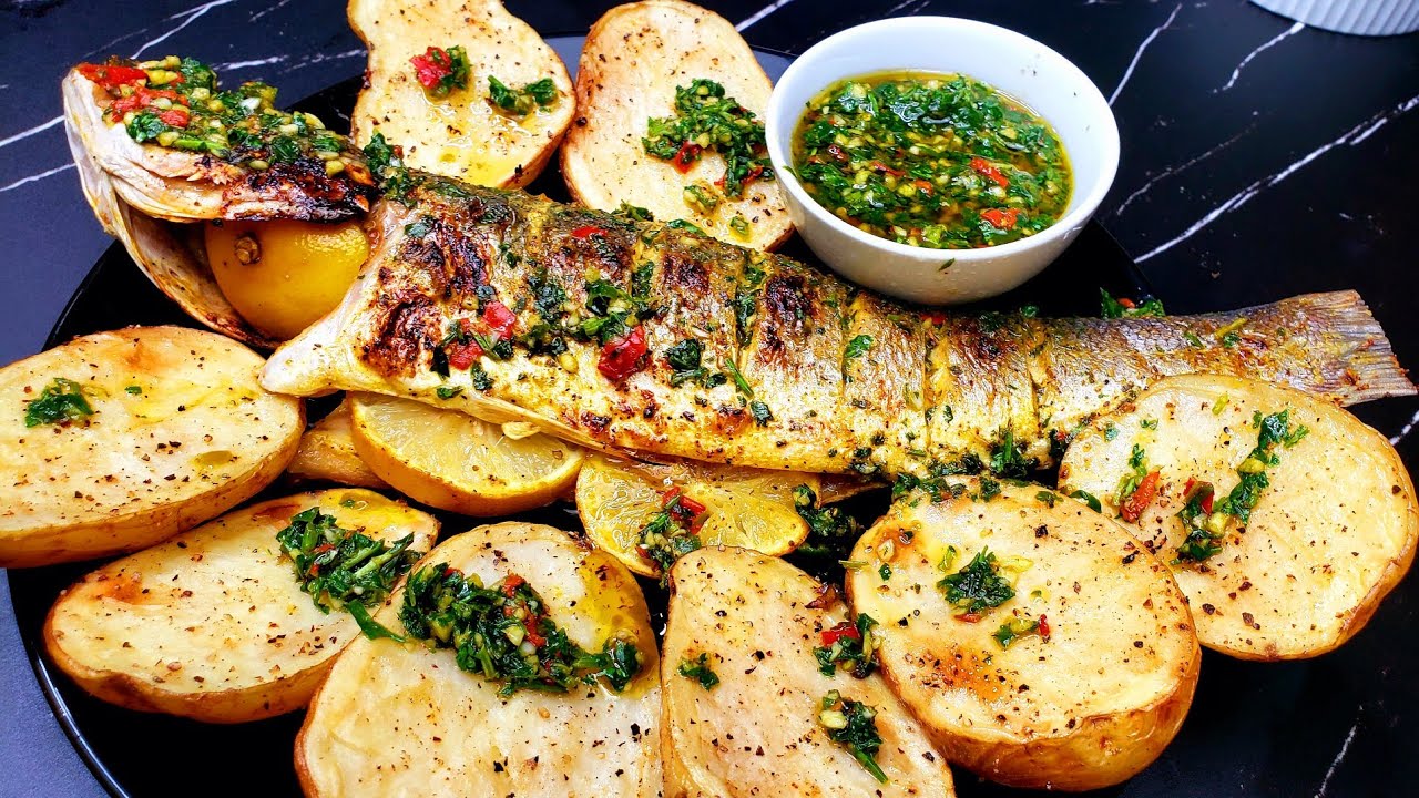 2 Ingredients Grilled Sea Bass Fish with Chimichurri Sauce Oven
