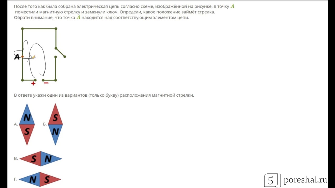 На рисунке показано положение магнитной стрелки установленной рядом с длинным прямым проводом по впр