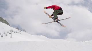 Freestyle skiing. Snowpark Krasnaya Polyana Resort, Russia. Трюки на лыжах в парке