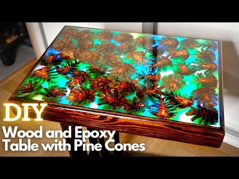 Wood and Epoxy Resin table with Pine Cones and LED