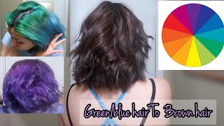 GETTING RID OF GREEN/BLUE HAIR WITHOUT BLEACH| BLUE TO BROWN HAIR