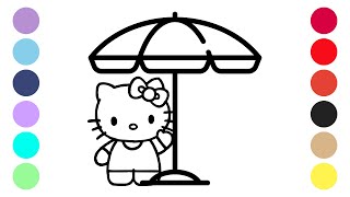 Learn to Draw a Hello Kitty Under Umbrella Easily | Hello Kitty Under Umbrella Painting and Coloring