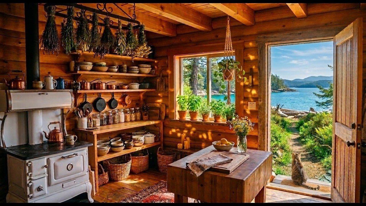 Cozy Rustic Kitchen by the Sea | Ocean Waves & Seagulls Ambiance | 2 Hours Relaxing Background