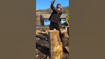 technique of cutting a tree trunk using a sharp axe #shorts