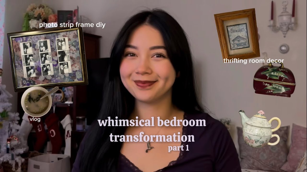 spend the day with me - thrifting room decor, diy photo strip craft 🍃🪻🫖🪷🪞🖼️