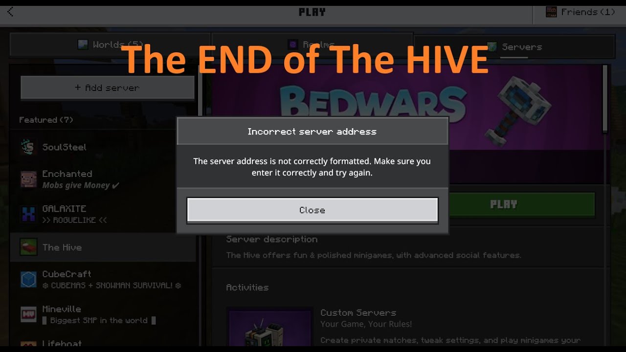 The HIVE minecraft server IP does not work today! - YouTube