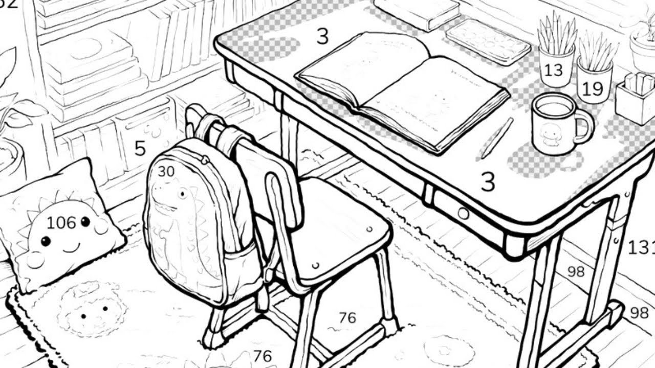 Study Table: Table with open book, backpack, bookshelf, and rug. | Coloring Games