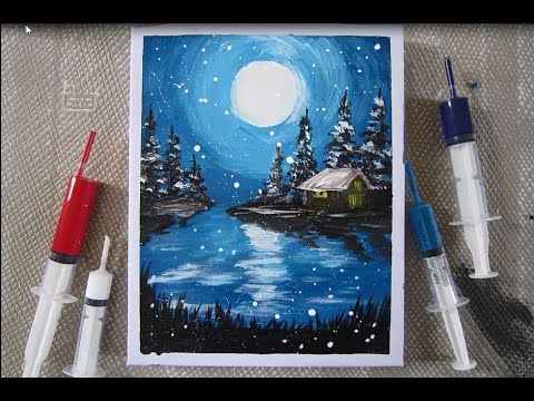 Vẽ phong cảnh mùa đông/ Tuyết rơi đêm Noel/ Acrylic/ Vẽ vời vui vẻ - YouTube