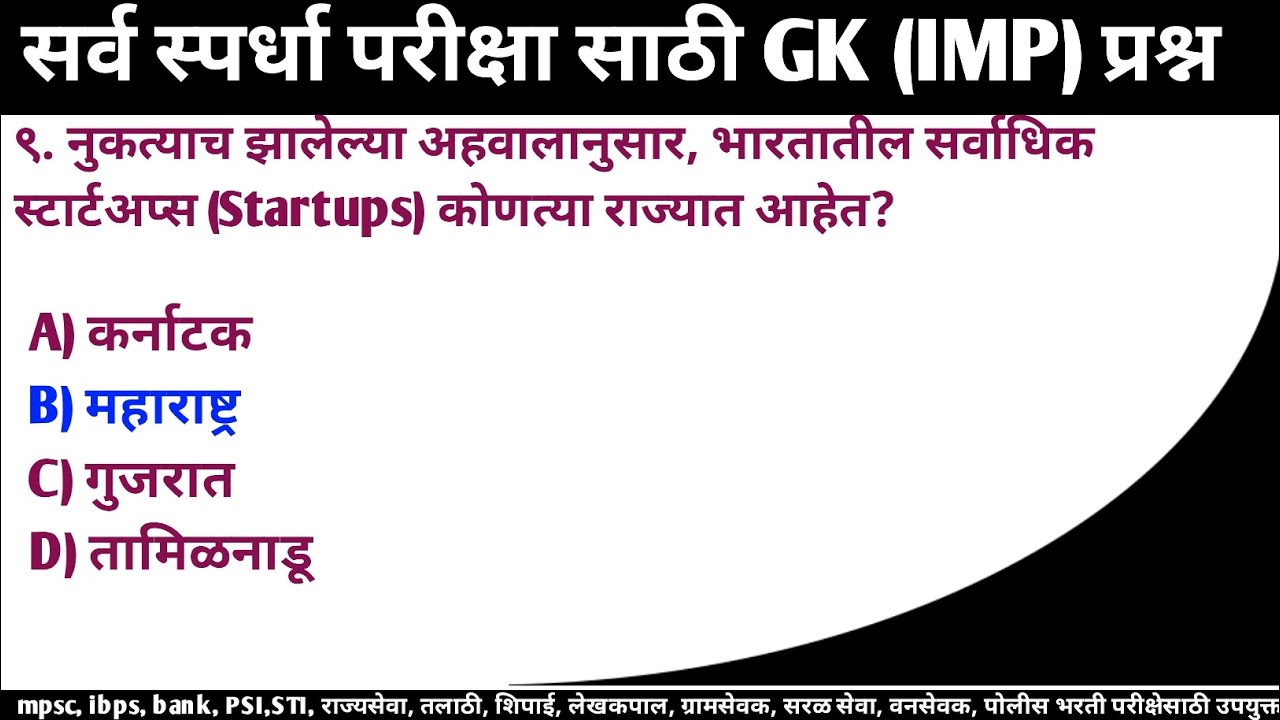 मराठी GK (Marathi GK), सामान्य ज्ञान, स्पर्धा परीक्षा (Competitive Exams) Current GK in Marathi |