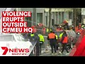 Violence erupts outside CFMEU headquarters in Melbourne as tradies protest mandatory jabs | 7NEWS