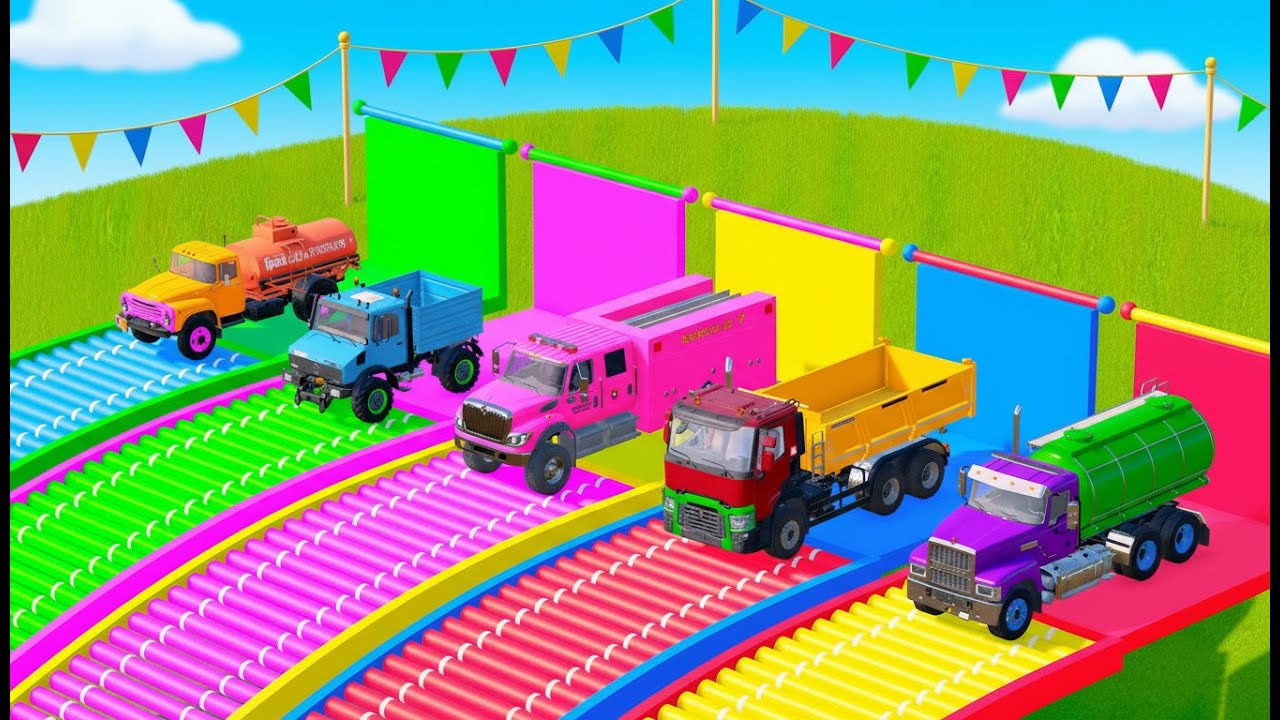 TRANSPORTING CARS, AMBULANCE, FIRE TRUCK, POLICE CARS OF COLORS! WITHTRUCKS! - FARMING SIMULATOR 22