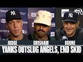 Aaron Boone, Aaron Judge and Trent Grisham react to the Yankees wild win over the Angels