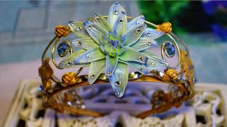 Flower Tiara with polymer clay lotus, leaves with gold leaf 23 ct. Diy headband crown, tutorial