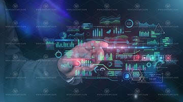 Businessman works with data array virtual infographics.