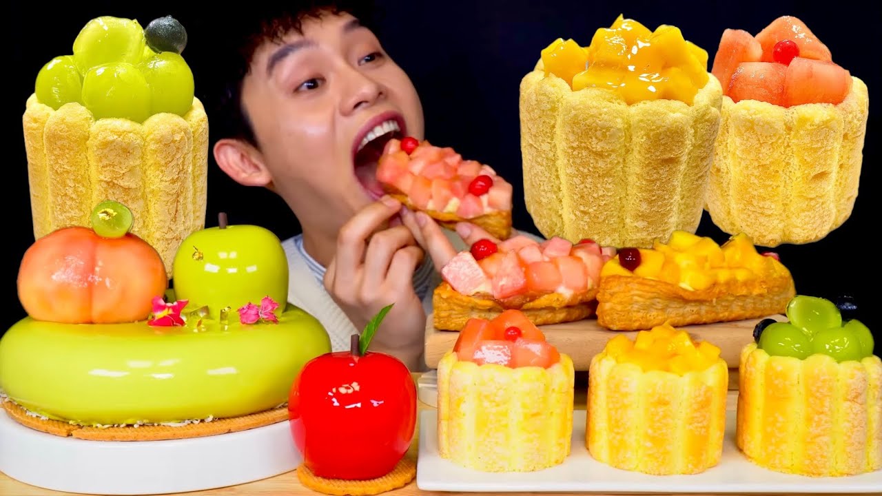 ASMR 싱그러운 과일이 듬뿍 디저트 청사과케이크 복숭아 망고 청포도빵먹방! Fresh Fruit Dessert Apple Cake Fruit Cream Bread MuKbang!