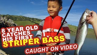 Fishing - 8 Year old first Striped Bass caught on video