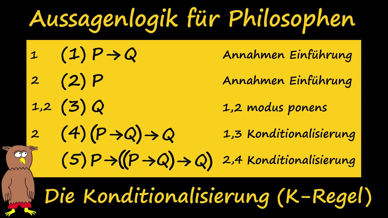 Wie geht? Konditionalisierung (K-Regel) -  Aussagenlogik Anwendung - Ableitung mehrere Beispiele.