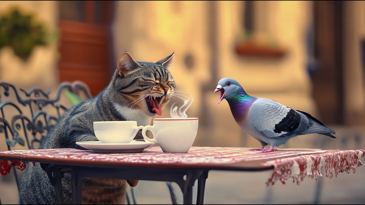 Sora | A realistic cat drinking coffee with a pigeon 