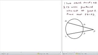 Two equal chords AB and CD when produced intersect at point P. Prove that PB = PD. Circles class 9.