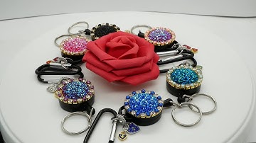 Druzy Decorated Badge Key Ring Retractable Reels with Rhinestone Heart Charms
