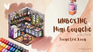 Isometric Room Illustration | Himi Jelly Gouache Unboxing ASMR & First Impressions | Paint with me