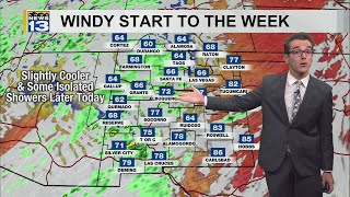 Windier start to week with isolated storms & cooler